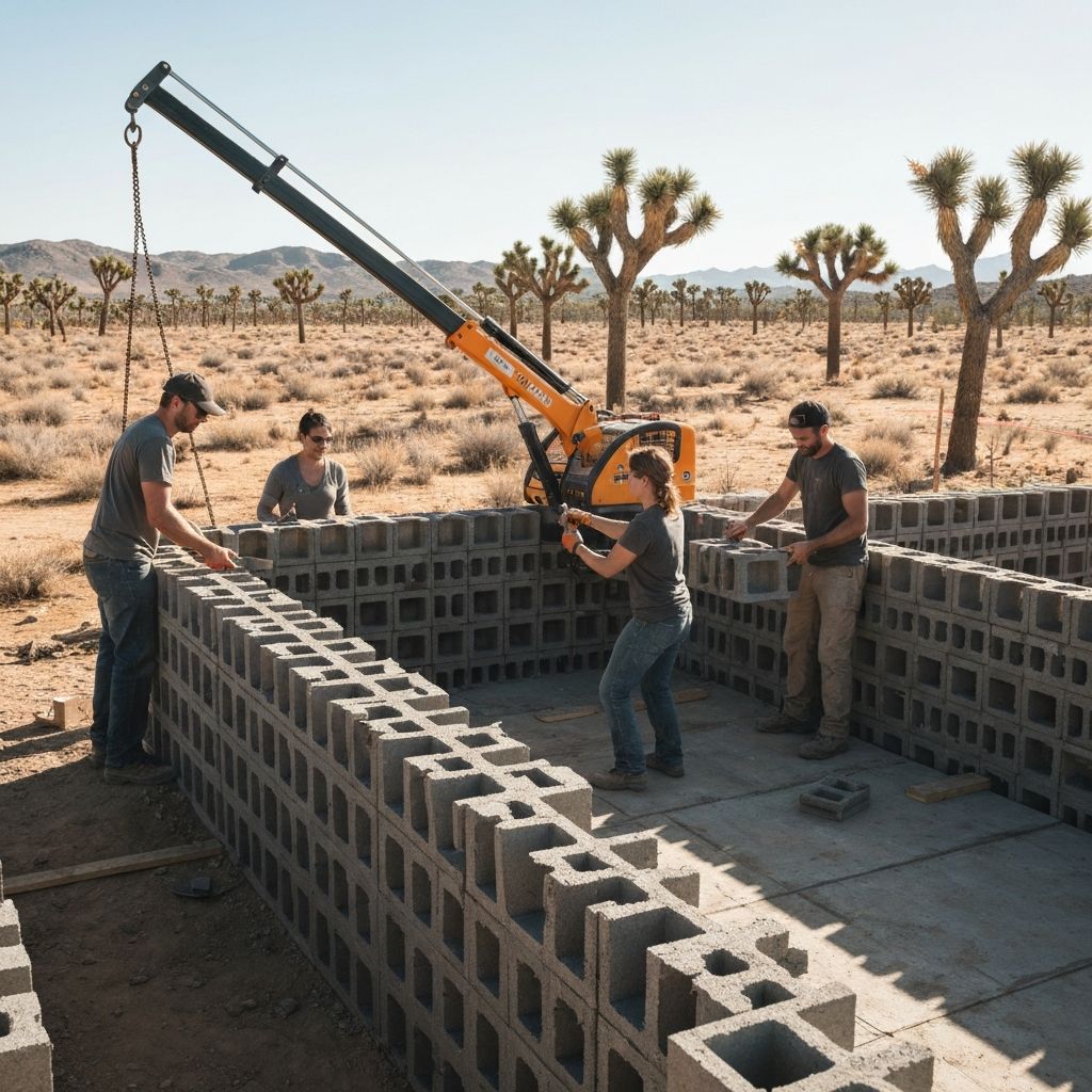 Workers assembling interlocking bioconcrete blocks