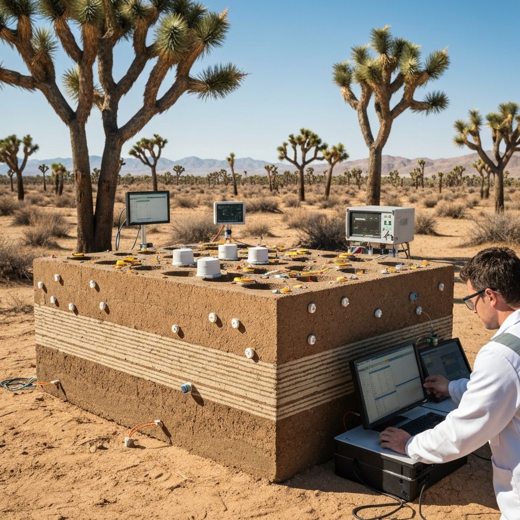 Engineers testing bioconcrete block with thermal sensors