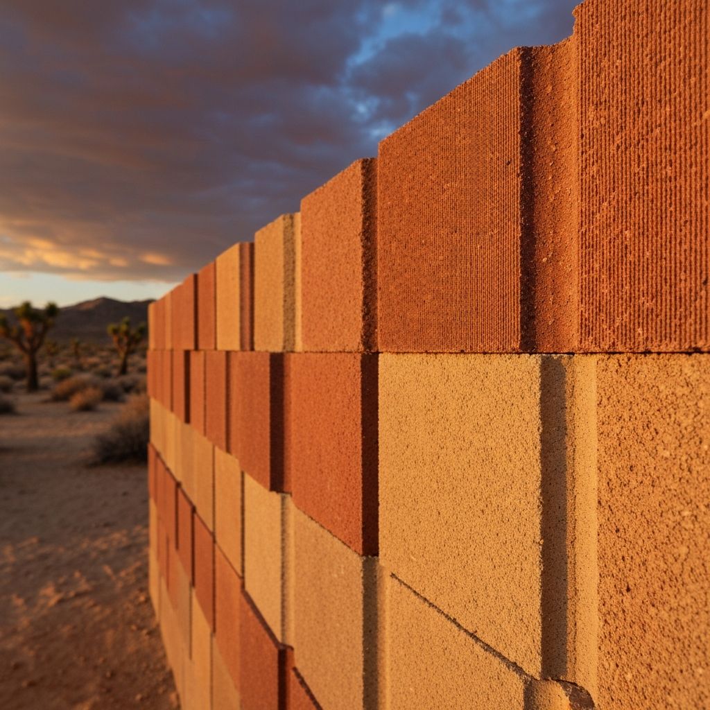 3D-printed bio-concrete blocks forming a wall in the desert