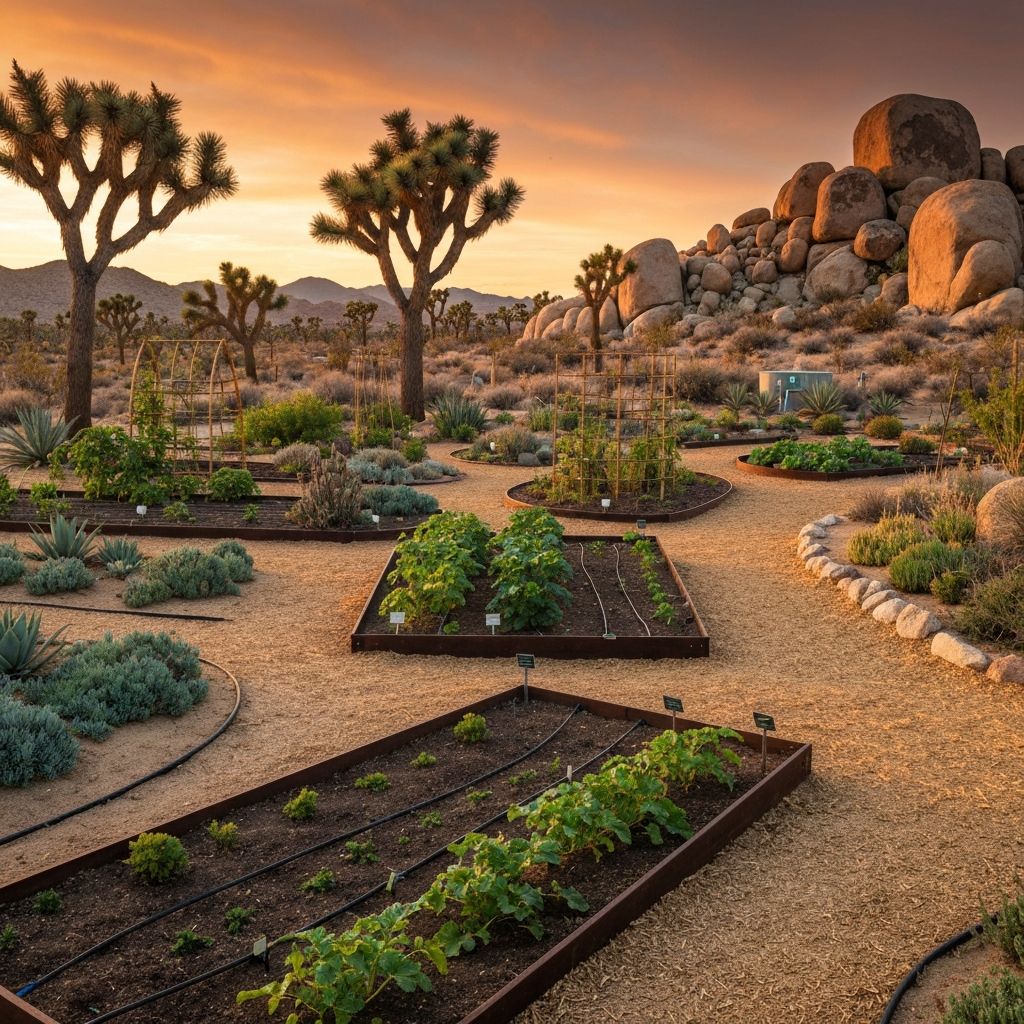Desert permaculture garden fed by Bio-Block greywater channels