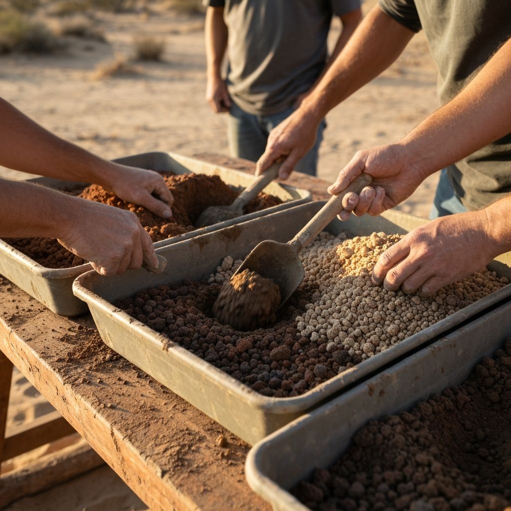 Hands mixing soil and bioconcrete materials at the desert field lab