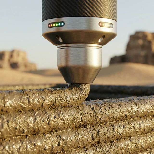 Close-up of robotic nozzle depositing bioconcrete