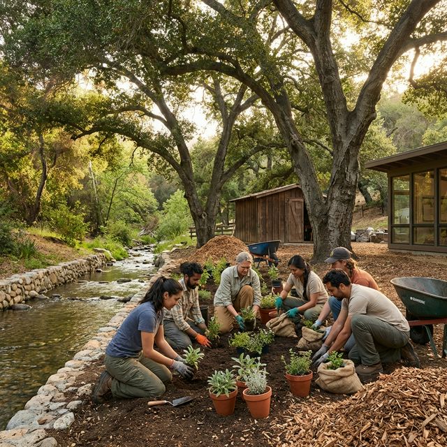 Research team working by the canyon stream